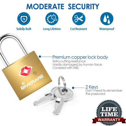 4 Pack TSA Approved Travel Luggage Locks with Keys, Solid Brass Copper Keyed Padlock, Small Locks for Suitcase, Backpack, Gym Locker, Jewelry Box, Gold-by GIVERARE