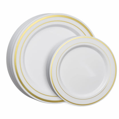 SETUP 60-Piece Gold Trim Plastic Dinnerware Set – 30 10.25" Dinner & 30 7.5" Salad Plates – Heavy-Duty Disposable for Weddings, Catering, Parties