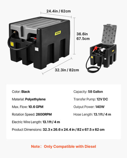 VEVOR Portable Diesel Tank, 58 Gallon Capacity & 10 GPM Flow Rate, Portable Fuel Tank with 12V Electric Transfer Pump and 13.1ft Rubber Hose, PE Diesel Transfer Tank for Easy Fuel Transportation Black