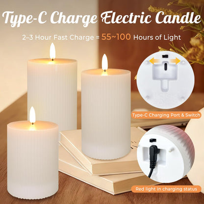 NICE POINT Rechargeable Flameless LED Pillar Candles–Luminous Real Wax Indoor Home Decor–Set of 3, Realistic Flickering LED Flame,Remote & Timer(Light Khaki)