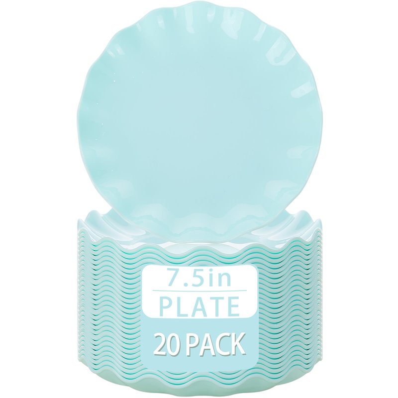 LIYH 20 Pcs 7.5 Inch Ice Blue Plastic Scalloped Plates Reusable - Unbreakable Dessert Plastic Cake Plates Dishwasher Safe Perfect for Party Birthday