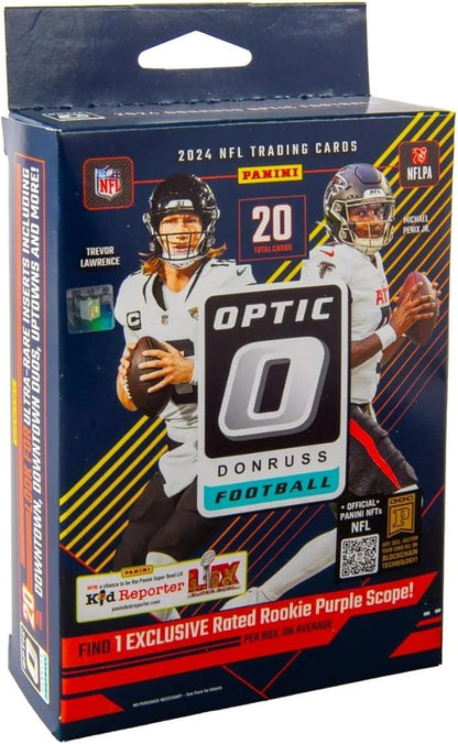2024 Donruss Optic NFL Football Trading Cards Hanger Box – Purple Scope Parallel – 20 Cards Per Box – Includes Rated Rookie &amp Inserts