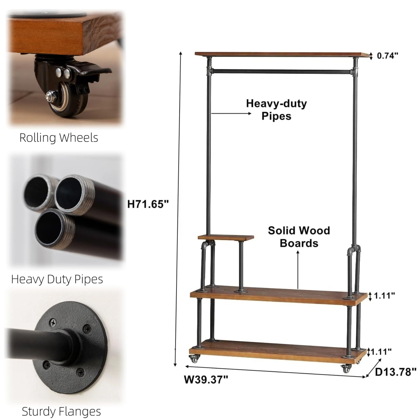 DOFURNILIM Industrial Clothing Rack, Pipe Style Rolling Garment Rack, Heavy Duty Steampunk Clothes Rack, Hall Tree on Wheels with Shelf and Shoes Storage for Home, Retail Store, Rustic Wood