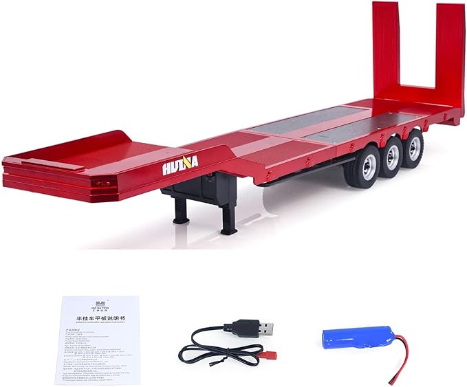 US in Stock Plastic Semi Trailer Flatbed 1502 for 1/18 Remote Control Tractor Truck Huina 1501 Electronic Support Legs Tail Board Hobby Grade Model for Birthday Gift(Red)