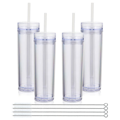 Volhoply 16oz Plastic Skinny Tumbler with Lid and Straw Bulk 4 Pack,Insulated Double Wall BPA Free Matte Acrylic Tumblers,Iced Coffee Travel Mug Reusable Party Cup,Customizable Diy Gifts(Clear,4 Set)