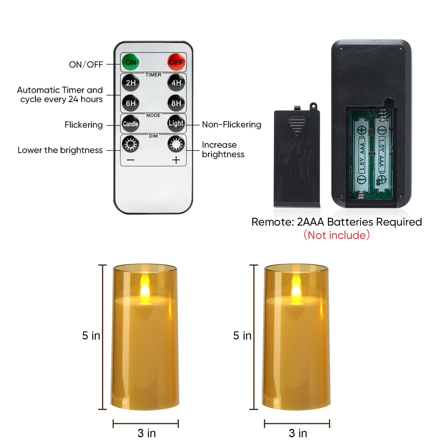 Amagic 3"×5" Gold Flameless Candles with Remote and Timer, Realistic Flickering Battery Operated Acrylic Led Fake Candles for Home Wedding Party Fall Christmas Decor, Set of 2