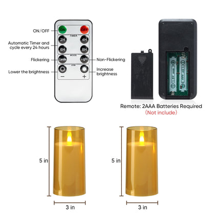 Amagic 3"×5" Gold Flameless Candles with Remote and Timer, Realistic Flickering Battery Operated Acrylic Led Fake Candles for Home Wedding Party Fall Christmas Decor, Set of 2