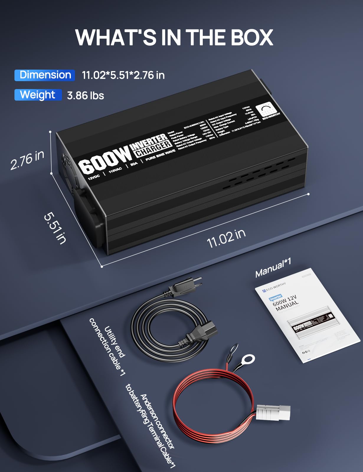 ECO-WORTHY 600W Inverter Charger, 600W Pure Sine Wave Inverter & 30A LiFePO4 Battery Charger with 20ms UPS, DC 12V to AC 110V, Output Surge 1200W, for RV Lithium Batteries Roadtrip Essentials