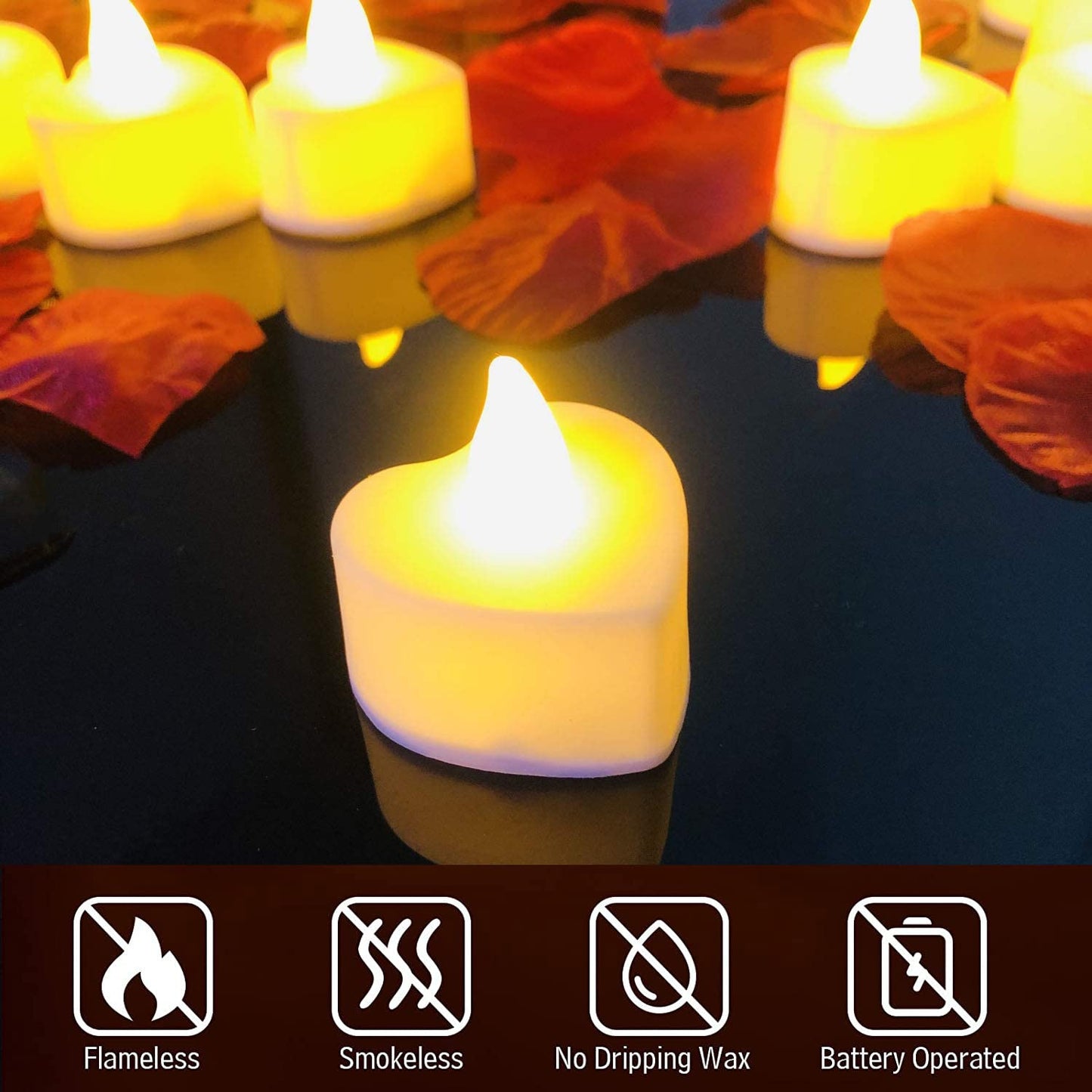 1000 Pieces Artificial Red Rose Petals with 24 Pieces Heart Romantic Flameless LED Tea Light Candles for Special Night, Love Candle for Valentine's Day, Anniversary Decorations, Party Decor
