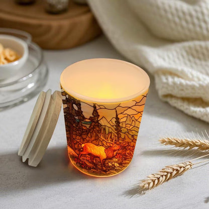 Stained Glass Elks Tea Light Candle Holders, Deer Tealight Candle Holder Jar with Wooden Lid, Pine Tree Votive Candlesticks for Table Centerpieces, Christmas,Birthday Party,Home Decor