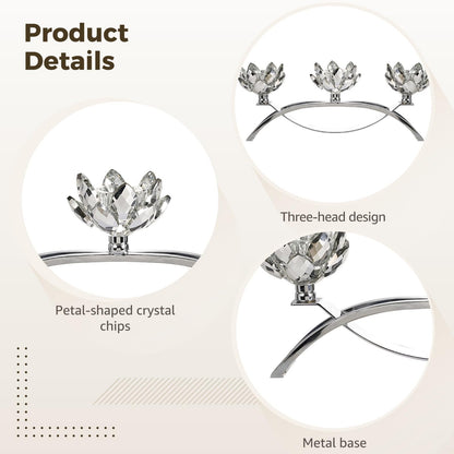 LUMINFLY Crystal Lotus Candle Holders, 11.4 in Silver Table Centerpiece, 3-Head Lotus Candlestick with Glass Petals, Nickel-Plated Metal, for Home Decor, Wedding, Dining
