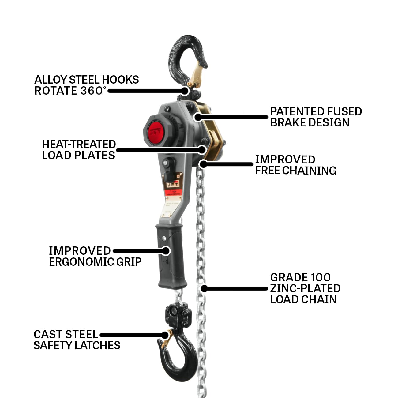 JET 1-Ton Lever Hoist, 10' Lift, Overload Protection (JLH-100WO-10)
