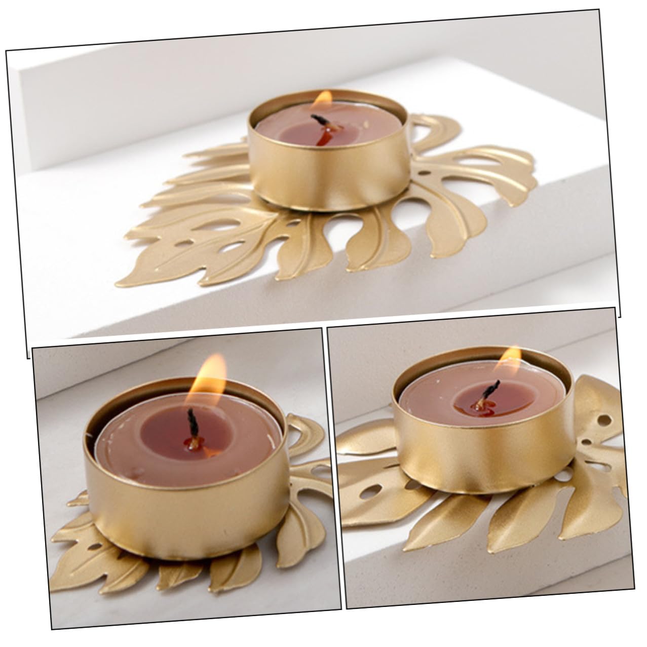 TEHAUX 3pcs Iron Monstera Leaf Candle Holders Tealight Stand Palm Leaf Design for Home Decor and Warm Ambient Lighting
