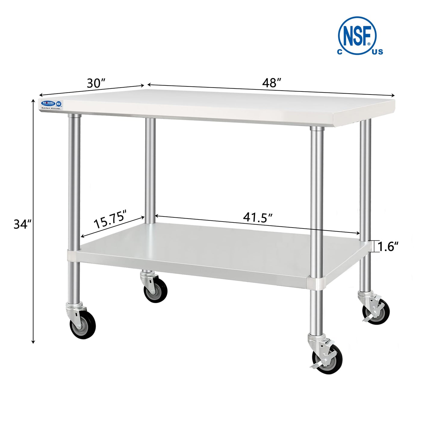 HARDURA Stainless Steel Table with Wheels 30 x 48 Inches Kitchen Prep Table Heavy Duty Stainless Steel Workbench with Aluminium Corner Undershelf NSF 304 Metel Table for Commercial Restaurant