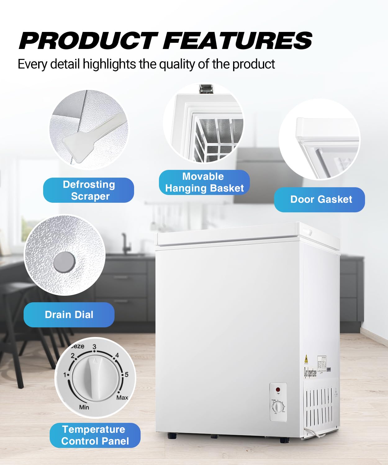 7.0 Cu.ft Chest Freezer, Top Open Door Deep Freezer with 7 Adjustable Thermostat (-18°F to 50°F), Compact Freezer with Removable Basket for Home/Garage/Office, White