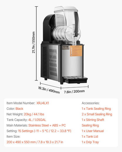 VEVOR Commercial Slushy Machine, 4L Single Tank Frozen Drink Machine, 16 Cups Stainless Steel Margarita Smoothie Frozen Drink Maker, Slushie Maker for Home Party Restaurants Cafe Bars