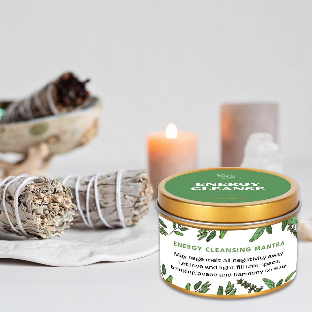 Premium Sage Candle with Energy Cleansing Mantra – Natural Soy Wax, Cotton Wick, Paraben and Phthalate-Free Scent, Non Toxic - Clean Scented Candles for New House, Housewarming, Smudging 6oz