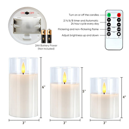 5plots Glass Battery Operated White Flameless Candles with Remote Timer, 3D Wick Real Wax Pillar Led Candles Warm Flickering Light for Indoor Home, Halloween, Christmas Decor, Set of 3, D3 x H4 5" 6"