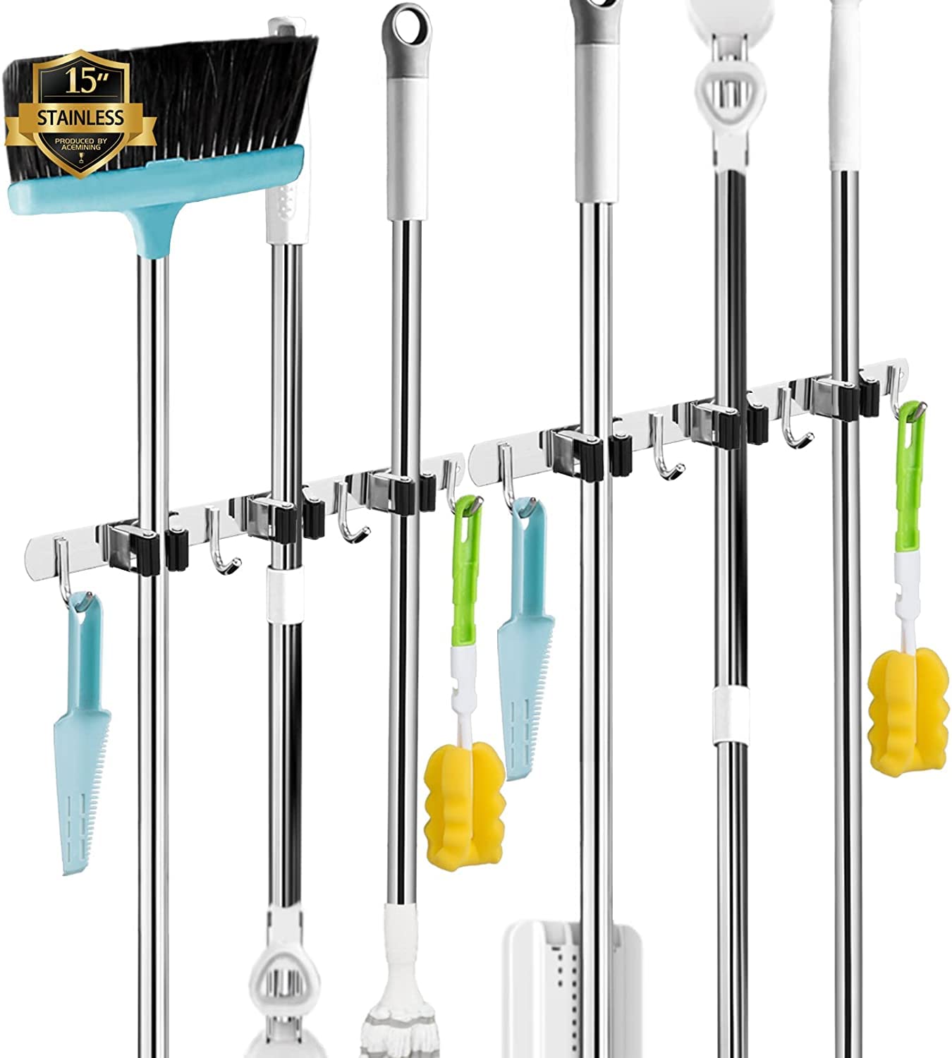 2 Pack 3 Racks and 4 Hooks Broom and Mop Holder Wall Mounted Garage Organizer Storage Tool Racks Stainless Steel Heavy Duty Hooks Self Adhesive Solid Non-slip Wall Hangers for Home Kitchen Garden