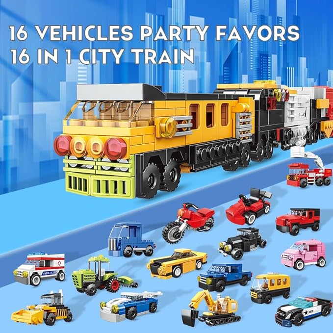 16 Pack Building Blocks Party Favors for Kids Lego-Compatible 2 in 1 710pcs Building Kits Mini City Vehicles Include Police Car &amp Train Christmas Toy Gifts Goodie Bag Filler Stuffers for Boys Gi