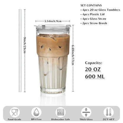 INSETLAN 20 oz Clear Glass Tumbler Set with Lids and Straws – 4-Pack Iced Coffee Cups with Glass Straws & Brushes, Reusable Drinking Glasses for Smoothies, Tea, Juice, Beer, Cold Beverages