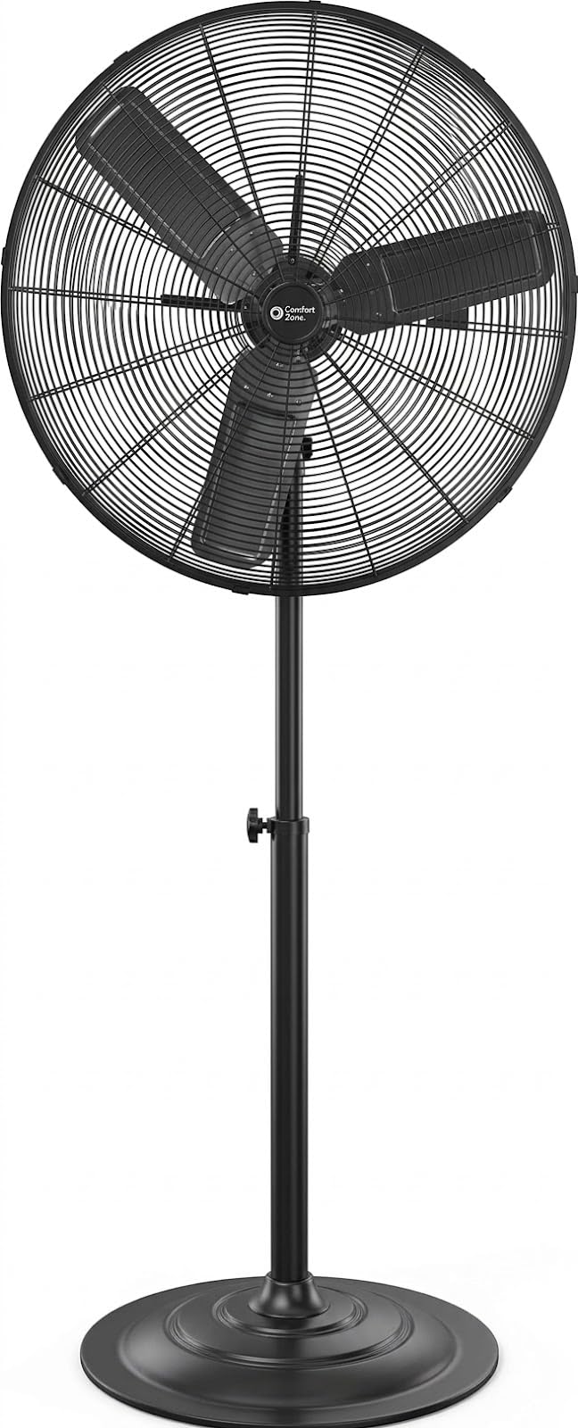 Comfort Zone Industrial Pedestal Fan, 30 inch, 3 Speed, High Velocity, Adjustable Height 56” to 76”, Metal, Meets OSHA Standards, Airflow 36 ft/sec, Ideal for Garage, Workshop or Warehouse, CZHVP30