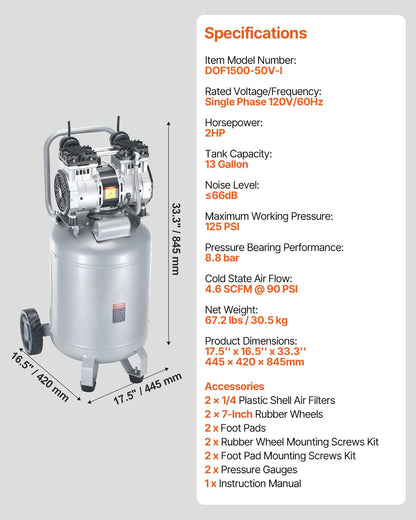 VEVOR 13-Gallon Air Compressor, 2HP, 4.6 SCFM@90PSI, Oil-Free Tank, 66dB Quiet Operation, Ideal for Tire Inflation, Woodworking, Auto Repairs, and Spray Painting (Maximum Pressure 125 PSI)
