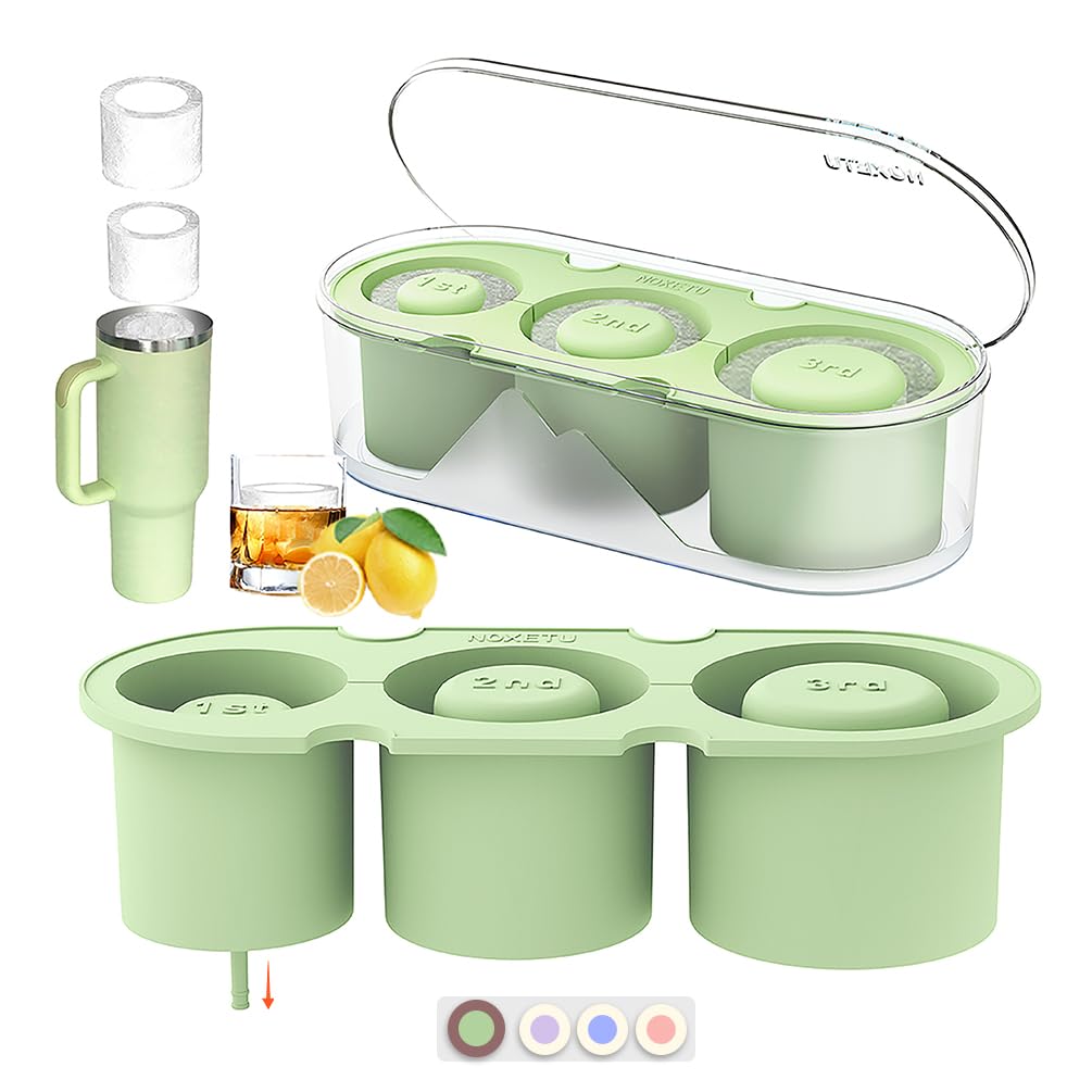 NOXETU Ice Mold for Stanley Cup 30/40 Oz - Easy Fill and Release Without Touching Ice, Silicone Ice Cube Tray with Clear Lid and Bin for Freezer, Whiskey, Cocktail (Green)