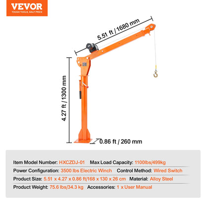 VEVOR Electric Pickup Truck Crane, 1100 lbs, Folding Truck-Mounted Bed Crane with Electric Winch 3500 lbs, 360° Swivel for Lifting Goods in Construction, Factory