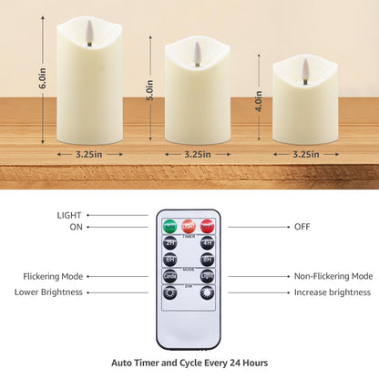 uuffoo Flameless Candles with Timer 3Pc Battery Operated Flickering Pillar Candle w/Remote, 3D Wick Acrylic LED Pillar Candles for Halloween Christmas Home Decoration (Ivory)