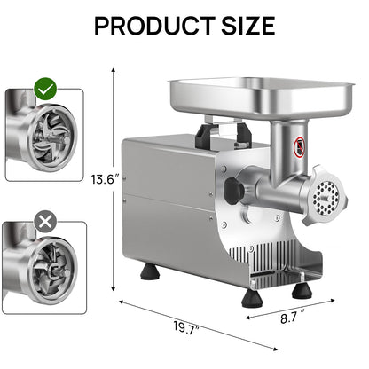 ARINOO Commercial Electric Meat Grinder #8, 0.6HP Heavy Duty Industrial Stainless Steel Meat Mincer with 2 Blades, 2 Plates & 3 Stuffing Tubes,Meat Grinder Machine for Home Kitchen & Restaurant Use