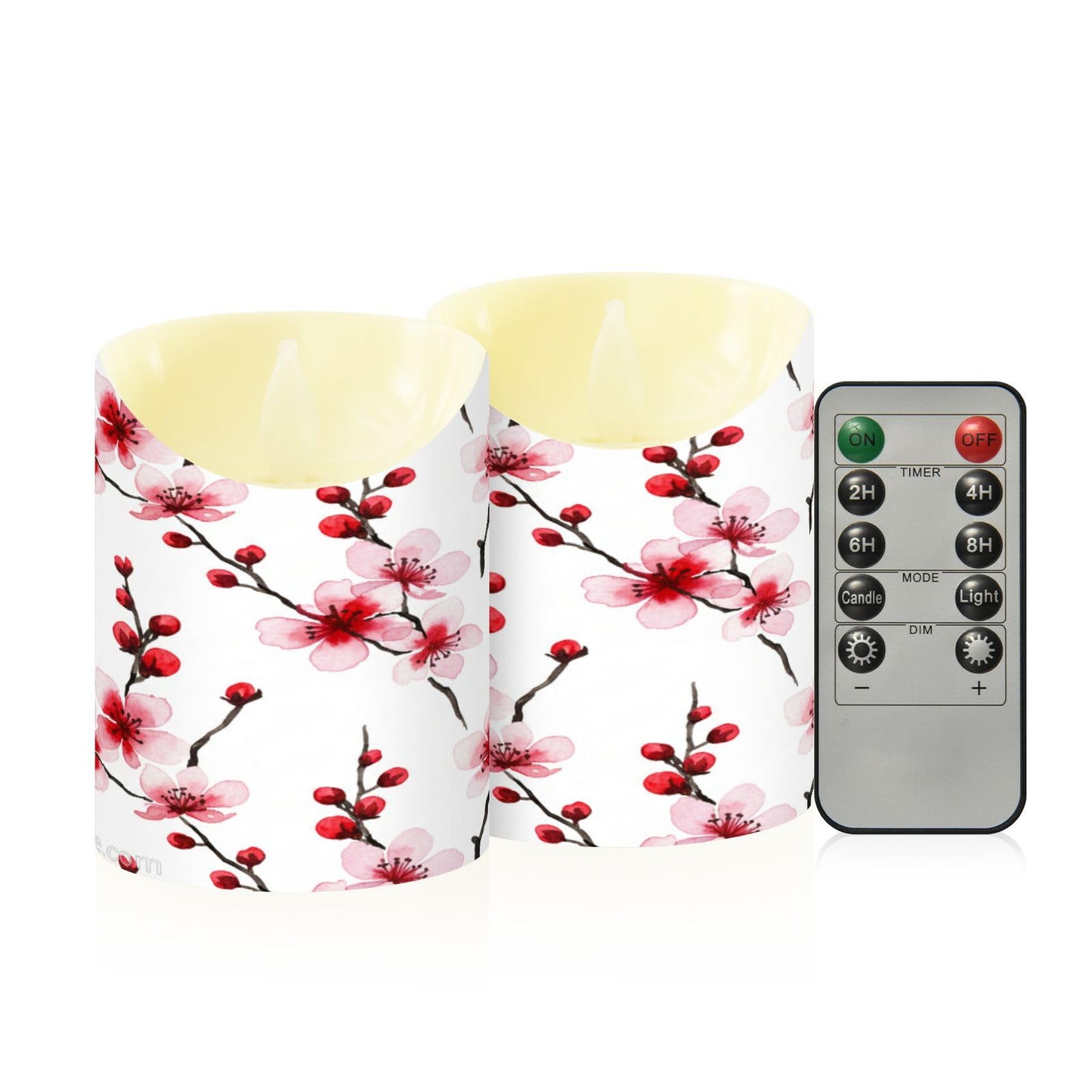 ALAZA Cherry Blossoms Pink Red Flickering Flameless Candles Battery Operated with Remote Timer,Tea Light Candles LED Pillar Votive Set of 2 for Outdoor Indoor Decorations 3" x5.9"
