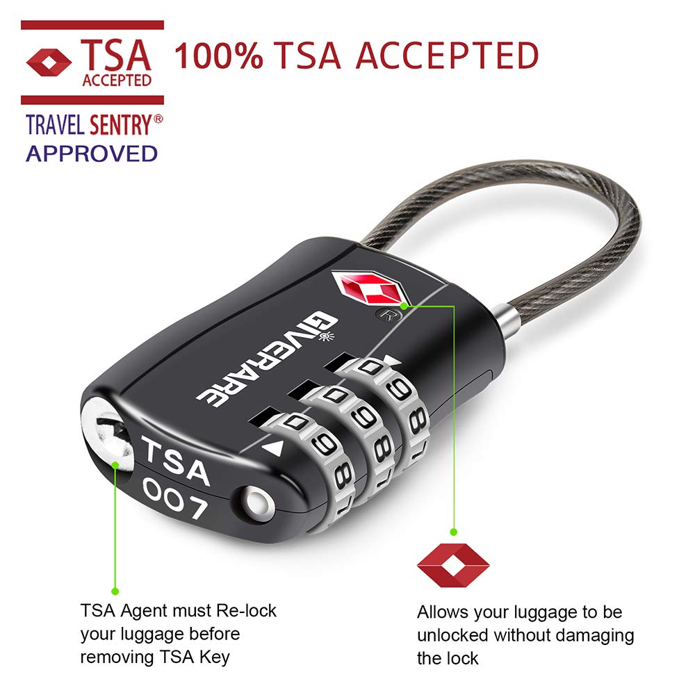 GIVERARE 2 PCS TSA Approved Luggage Locks, Combination Travel Cable Lock, Re-settable 3-Digit Padlocks with Alloy Body, Keyless Travel Sentry Accepted Padlock for Gym Locker, Golf Bag Case-Black