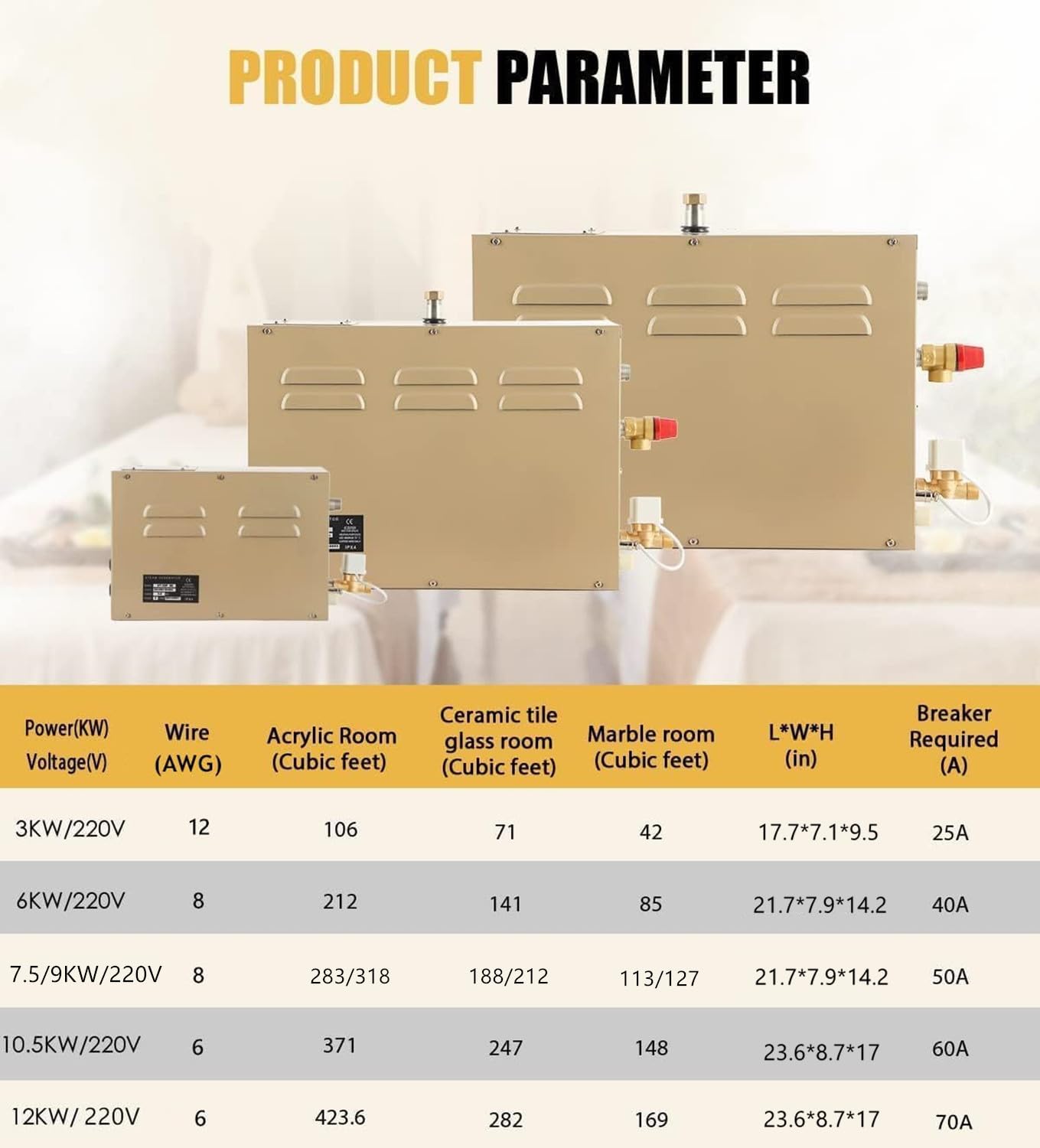 CGOLDENWALL 10.5KW Commercial Self-Draining Steam Generator Shower System Home Steam Bath Spa Generator 30 min to 12 Hours Auto Drain 95-131℉ for Suitable Space Heating 10.5 m³/371 Cubic feet (10.5KW)
