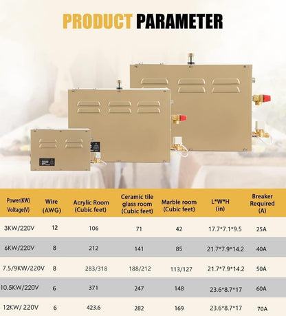 CGOLDENWALL 10.5KW Commercial Self-Draining Steam Generator Shower System Home Steam Bath Spa Generator 30 min to 12 Hours Auto Drain 95-131℉ for Suitable Space Heating 10.5 m³/371 Cubic feet (10.5KW)