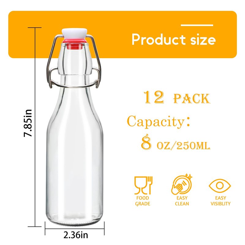Accguan 8oz Flip Top Glass Bottle,Swing Top Beer Bottle for Kombucha, Kefir, Vanilla Extract, Beer, Beverages, Oil, Vinegar, Beer, Soda,Leak Proof，Juice, Tea(12pcs)