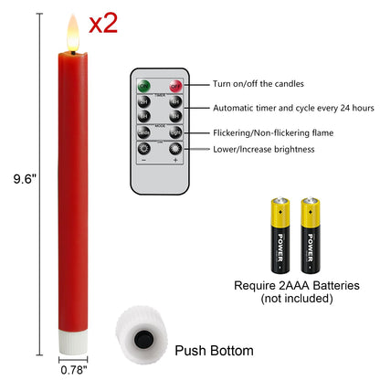GenSwin Flameless Taper Candles with 10-Key Remote Timer, Set of 2 Red Real Wax LED Taper Candles Battery Operated, Flameless Candlesticks with 3D Wick for Halloween Christmas Decor(0.78” x 9.6”)