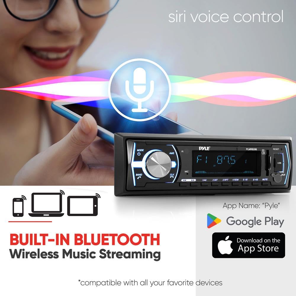 Pyle Marine Bluetooth Stereo Radio - 12v Single DIN Style Boat In dash Radio Receiver System with Built-in Mic, Digital LCD, RCA, MP3, USB, SD, AM FM Radio - Remote Control - PLMRB29B (Black)