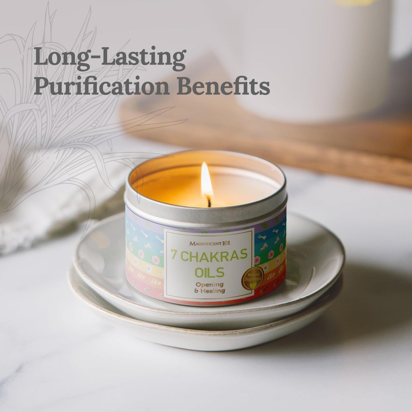 MAGNIFICENT 101 7 Chakra Energy Cleansing Aromatherapy Tin Candle with Chakra Oils - 6 Oz Orange Soy Wax - 35 Hr Burn - Healing Candle for Meditation & Manifestation