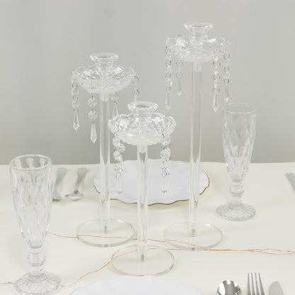 Efavormart Set of 3 Acrylic Candle Holders with Hanging Bead & Prism Accents – Taper Candlestick Stands - 11",13",15"