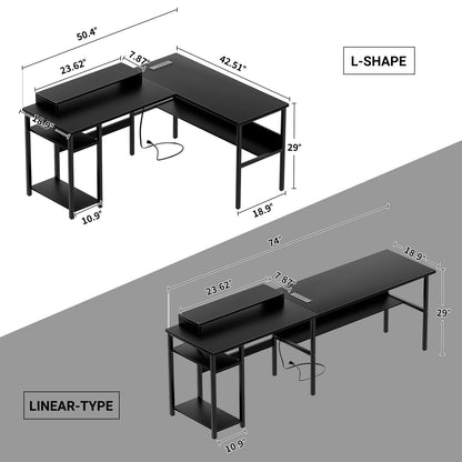 Unikito Reversible L Shaped Desk with Magic Power Outlets and Smart LED Light, Sturdy Corner Computer Desk with Monitor Stand & Storage Shelves, Gaming Table Home Office Desk, Easy Assembly, Black