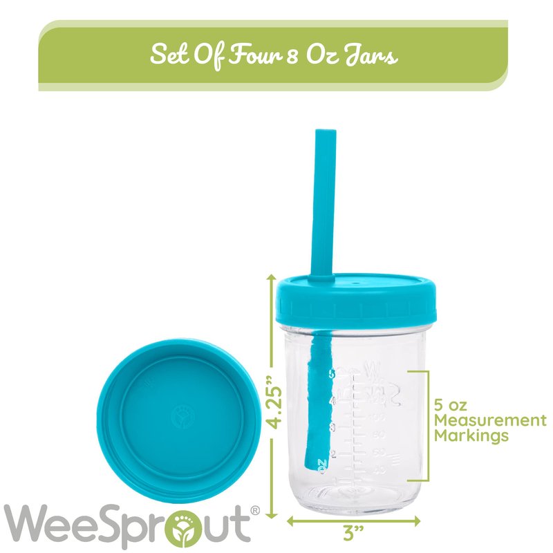 WeeSprout Glass Cups With Lids & Straws, Spill-Resistant Smoothie Cups for Toddlers & Kids, Baby Food Storage & Snack Jars, XL Silicone Straws, Easy-Grip Sleeves, 12 oz, Set of 4