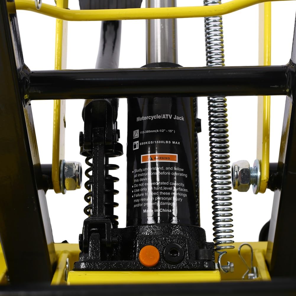 SLifet Hydraulic Motorcycle Lift Jack, 1500 LBS Capacity Foot-Operated Motorcycle Lift Table, ATV Scissor Lift Jack with 4.5" - 15" Lifting Range, Portable Motorcycle Lift Table with Wheels Yellow