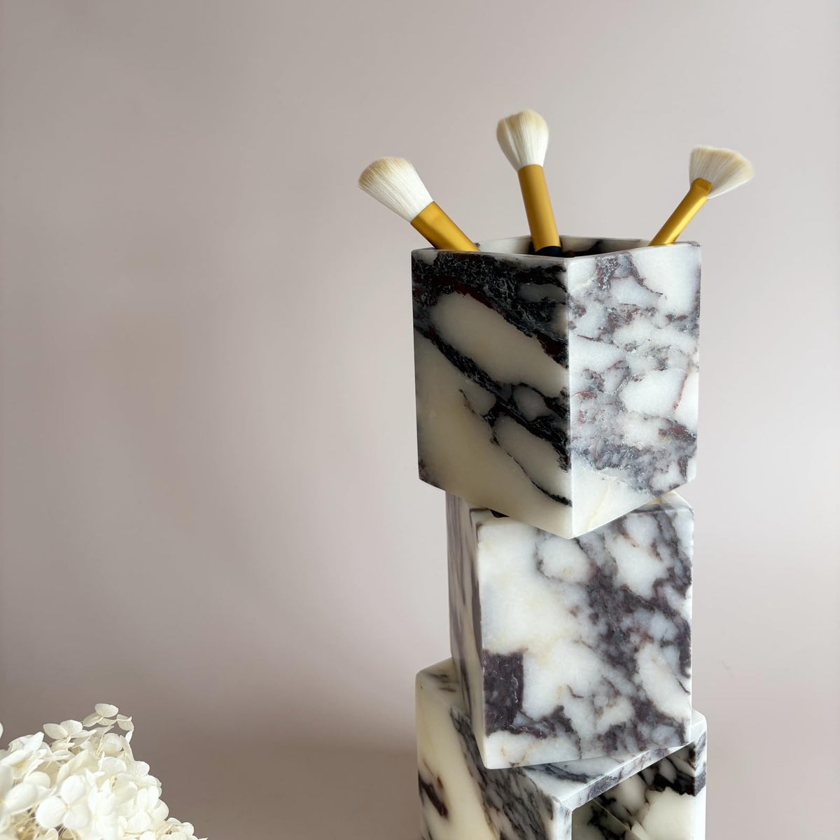 StonePlus Natural Marble Stone Square Storage Container Empty Vessel Holder Cup for Candle/Pens/Sundries items (Calacatta Purple)