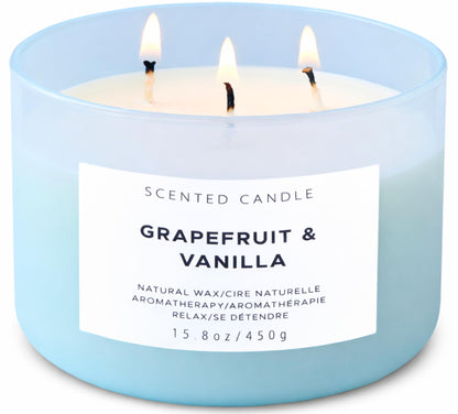 Grapefruit Vanilla 3-Wick Soy Candle | 15.8 oz Large Scented Candle for Home | Highly Scented Aromatherapy Candle for Women | Luxury Citrus Vanilla Candle Gift | Clean Burn Long Lasting
