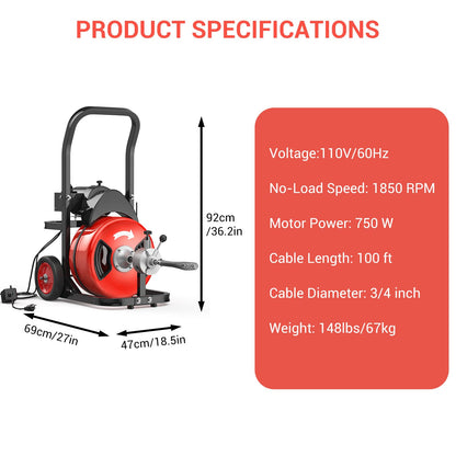 100Ft 3/4 Inch Electric Drain Cleaner Machine, 750W Auto Feed Sewer Snake Drain Auger with 6 Cutters & Air-Activated Foot Switch, Portable Electric Drain Cleaner for 4" to 8" Pipes