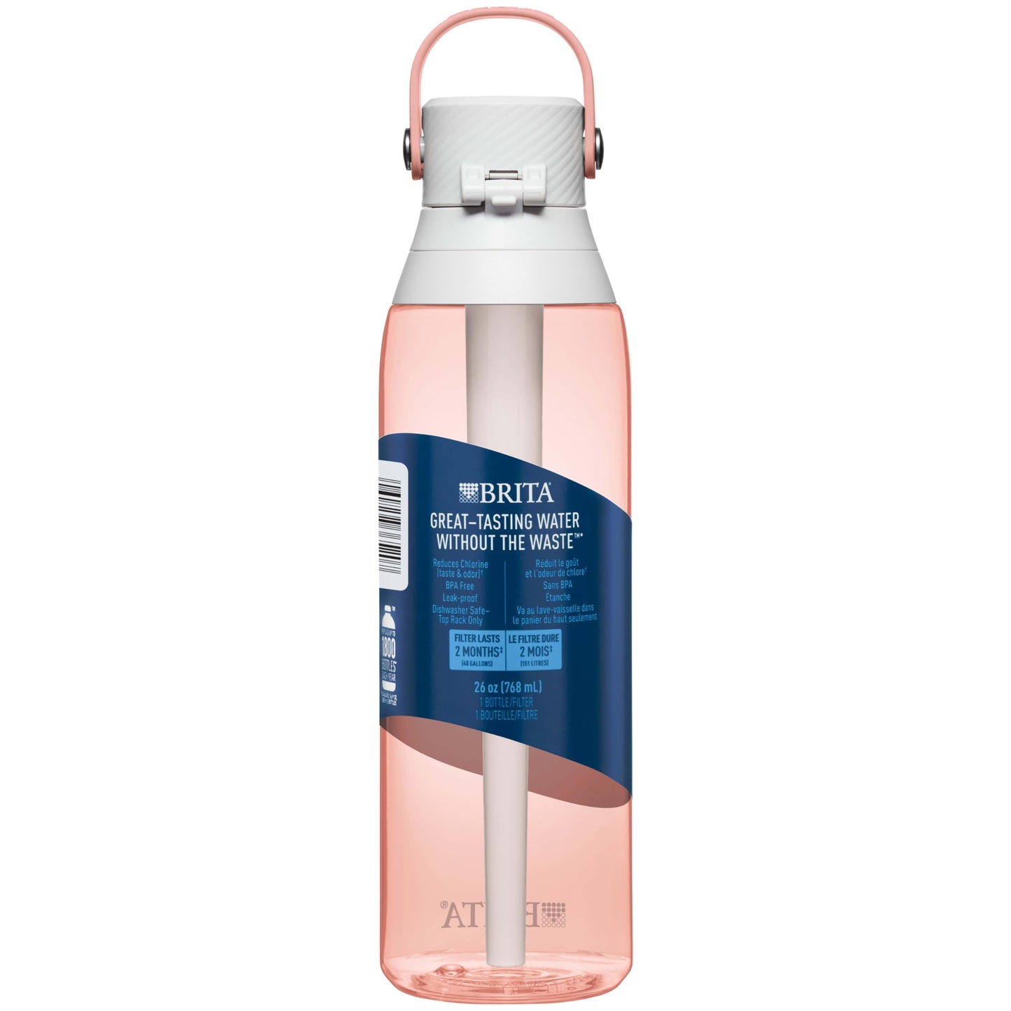 Brita Hard-Sided Plastic Premium Filtering Water Bottle, BPA-Free, Reusable, Replaces 300 Plastic Water Bottles, Filter Lasts 2 Months or 40 Gallons, Includes 1 Filter, Blush - 26 oz