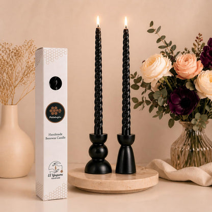 Petekoglu Black 2 Pack Taper Beeswax Candles 27.5 cm Twisted Candlestick Dinner Candles Natural Honeycomb Beeswax