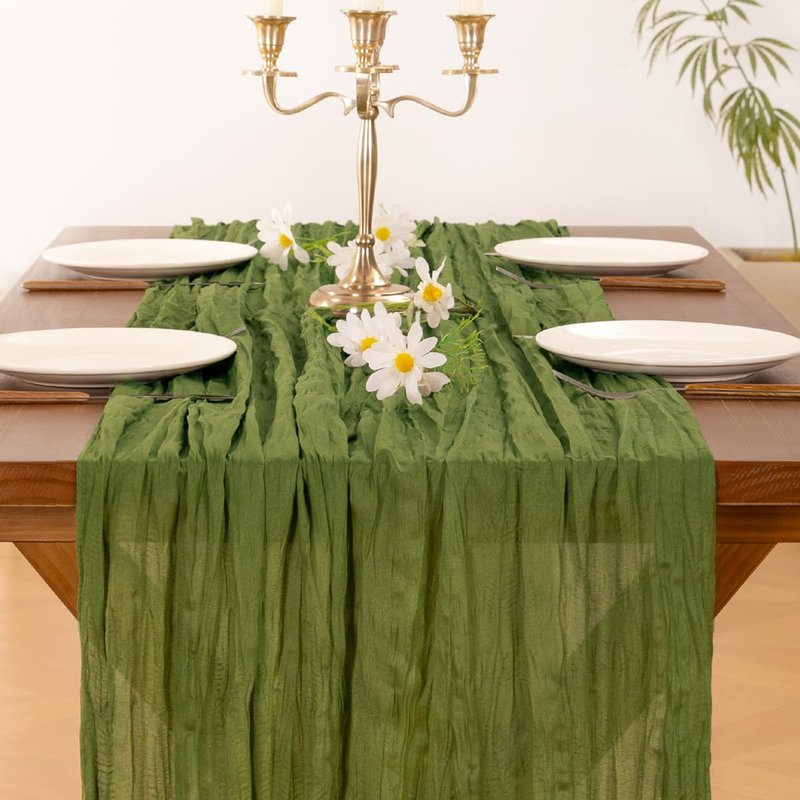 Socomi 3pcs Campsite Green Summer Cheesecloth Table Runner Boho Rustic Gauze 120 inch 10FT Cheese Cloth Sheer Runner for Wedding Party Baby Shower Birthday Home Decor Holiday Decorations