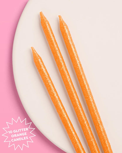 xo, Fetti Orange Glitter Birthday Candles - 10 Pack | Showgirl Birthday, Summer, Kids Party, Pool Party, Halloween